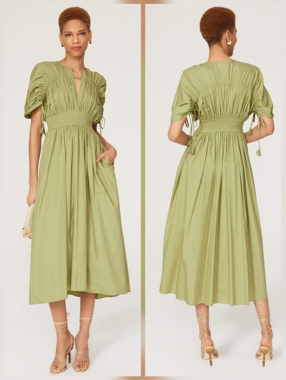 MISA Los Angeles Olive Green Ruched Waist Midi Dress